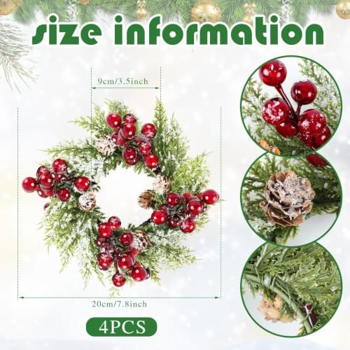 4 Pcs 9inch Christmas Candle Rings Wreath Mini Christmas Table Centerpieces Red Berry Pinecones Wreaths for Kitchen Cabinet for Farmhouse Xmas Front Door Porch Wall Decoration - Image 4