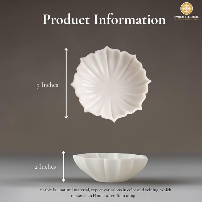 SWADESHI BLESSINGS HandCrafted Marble Lotus Bowl/Organic Modern Home Decor Bowl/Fruit Bowl/Vintage Ring Dish/Decorative Flower Dish/HouseWarming Gifts/Wedding Gifts/Urli (7 Inches)