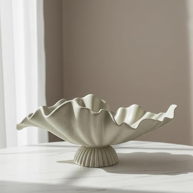 16" Large Decorative Bowl decor, Modern Home Decoration Scallop Bowl,Fashion Key Bowl for Entrance Table, Decorative Fruit Bowl for Kitchen Counter, Ruffle Decor, With Base, Light Gray
