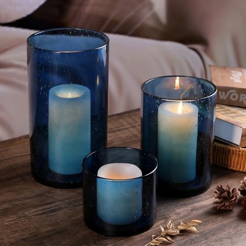 Large Hurricane Candle Holder Set of 3 Blue Candle Holders for Pillar Candles, Seeded Bubbles Glass Candle Holder, Blue Glass Cylinder Vases for Table Centerpieces, Home, Patio and Wedding 10"7"4"H by NITIME