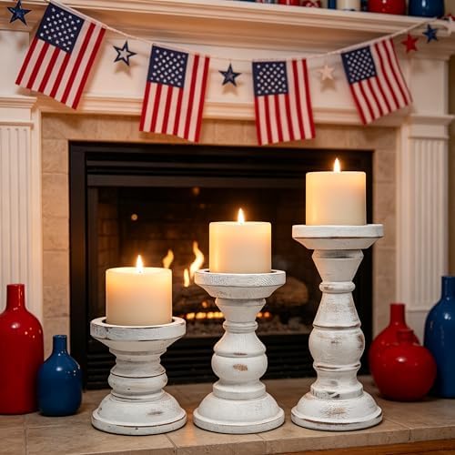 Wood Candle Holder for Pillar Candle Set of 3, Farmhouse Candle Holder Decor, Rustic Wooden Candle Stand, Vintage Tall Candle Stand Decorative for Living Room, Table Centerpiece,Rustic White - Image 2