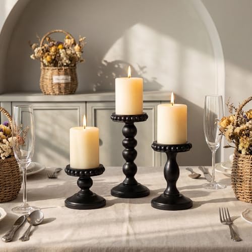 Mumufy 3 Set Wooden Candle Holders for Pillar Candles, Black, Small - Image 3