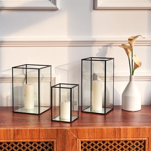 PHOSPHOR Glass Hurricane Candle Holder Set of 3 PCS Large Glass Square Candle Holder Black Lanterns Decorative for Pillar Candle Indoor Candle - Image 4