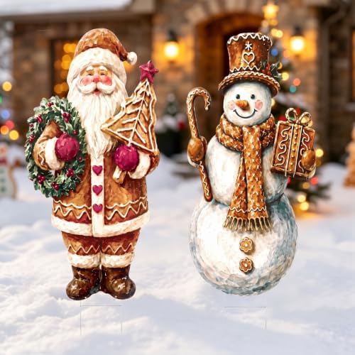2 Pcs 37" Christmas Yard Stakes Gingerbread Santa Snowman Metal Stake by LEIFIDE