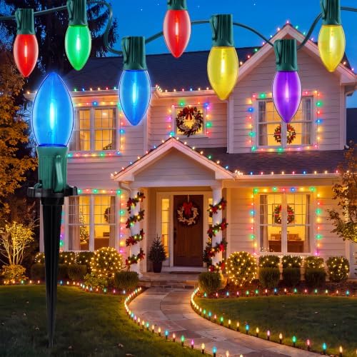 C9 LED Christmas Pathway Lights, 2 Sets Total 51.4 Ft Christmas Path Light with 40 Bulbs and Stakes, Connectable Waterproof String Lights for Walkway Driveway Lawn Outdoor Decorations, Multicolor by Brightown