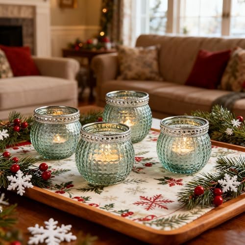 Candle Holder Set of 12, Small Tealight Candle Holder, Vintage Glass Votive Candle Holders for Table Centerpiece Wedding Home Decor Holiday Decor (Green) - Image 3