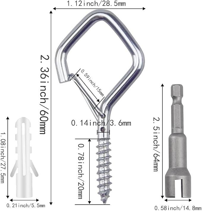 52-Pack Heavy-Duty Silver Screw Eye Hooks with Safety Clips | Metal Ceiling Hooks for Hanging Plants, Wind Chimes, Bird Feeders & Indoor/Outdoor Lights