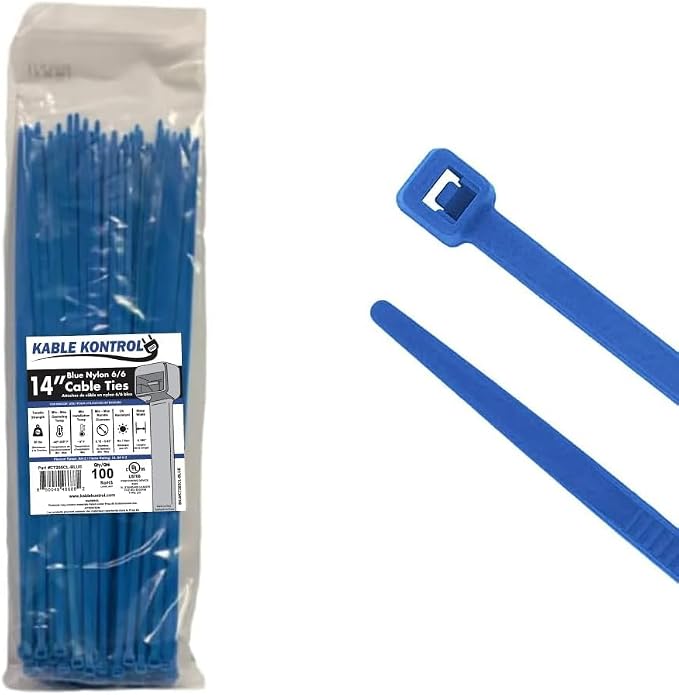 Kable Kontrol Blue Zip Ties 14 Inch 100 Pcs, 50 Lbs Tensile Strength, Self-locking Nylon Colored Cable Ties Wire Wraps for Indoor or Outdoor Use