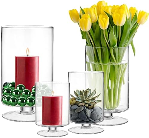 CYS EXCEL Glass Hurricane Pillar Candle Holder (H:13.5" W:8") | Multiple Size Choices Short Stem Candle Centerpieces | Stemmed Glass Cylinder Candle Vase - Image 6