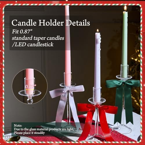 CHILL RECIPE Christmas Candle Holder Glass Taper Candlestick Holders with Built-in Candle Drip Protectors Bows Decor for Table Centerpiece Wedding Party Christmas(Red Green White) - Image 2