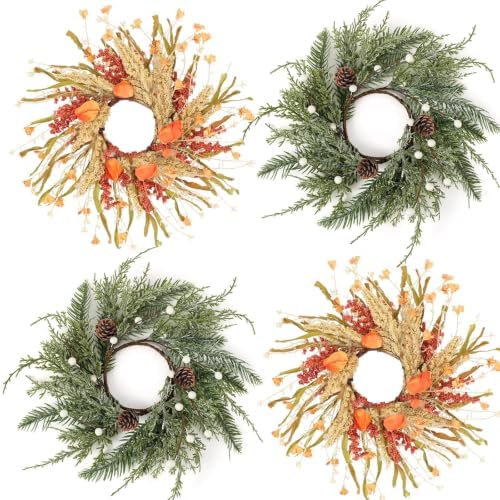 4 Pcs Fall Christmas Candle Rings Wreaths Mini Thanksgiving Xmas Wreath Holder Table Centerpiece Small Autumn Swags Wreath for Kitchen Cabinets Pillar Farmhouse Home Porch Window Wall Porch Decor by Unknown