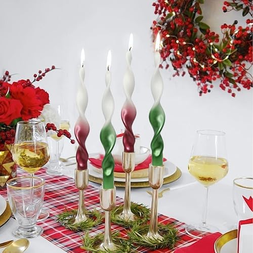 10 Inches Christmas Spiral Taper Candles Colorful Twisted Candle Dripless Long Candles, Handmade Candlesticks for Wedding Dinner Decor, Set of 4(Gradient Metallic Red Green) - Image 4
