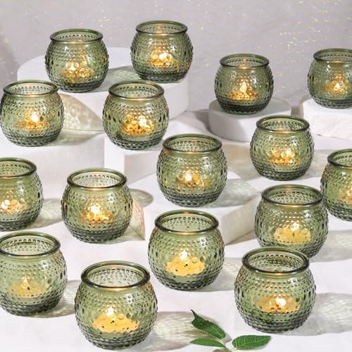 16 Pcs Green Votive Candle Holders, Round Glass Tea Lights Holder with Polka Dot Embossed, Votive Candle Holders for Weddings, Home Decor, Baby Shower, Special Occasions by Reisen