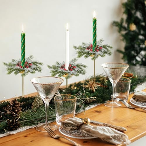 2 PCS Christmas Pine Taper Candle Rings Wreaths 1.38" Mini Snowy Pine Taper Candle Holder Wreaths Candle Rings with Berry Pinecones for Xmas Winter Church Home Table Centerpiece Candlesticks Decor - Image 5