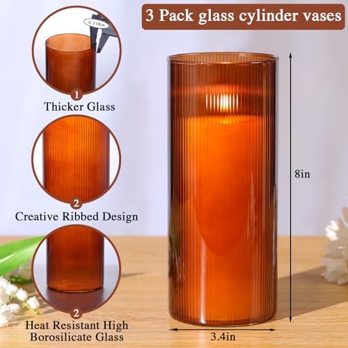 Amber Cylinder Vases, 8 Inch Tall, Amber Ribbed - Image 6