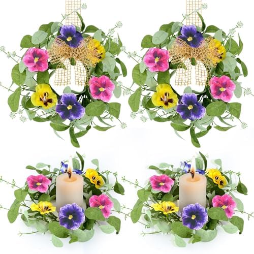 4 PCS Mini Spring Summer Kitchen Cabinet Wreaths Small Pansy Flowers Wreath for Front Door with Fern Branches Ribbon Small Flocked Lamb Ear Leaves Wreath for Indoor Outdoor Farmhouse Porch Wall Decor by Unknown