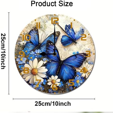 Butterflies Wildflower Wooden Silent Non-Ticking 10 Inch Round Clocks Battery Operated Analog for Living Room Kitchen Bedroom Bathroom Office Home School Decor