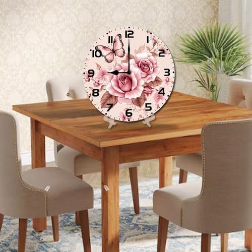 Butterfly Rose Flower Wooden Silent Non-Ticking 10 Inch Round Clocks Battery Operated Analog for Living Room Kitchen Bedroom Bathroom Office Home School Decor