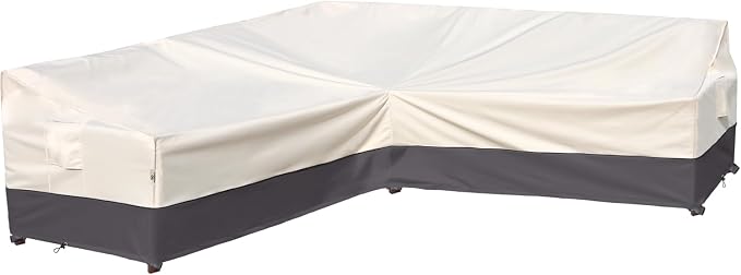 Outdoor Sectional Cover Patio Furniture Covers Waterproof Rip-Stop Anti-UV 600D Heavy Duty Couch Sofa Cover with 3 Air Vent (Beige & Charcoal, V-Shaped-85''X85'')