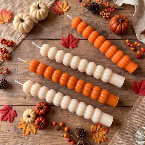 MTLEE 4 Pack Pumpkin Taper Candles Fall Pumpkin Candles,Orange,White - Image 2