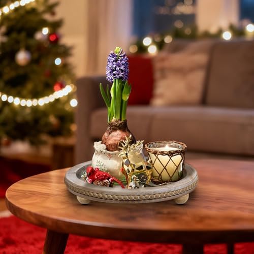 Larger Wood Round Tray for Wooden Coffee Table Decor, Wood Raise Candle Tray Holder Plate, Farmhouse Decorative Trays, Rustic Serving Tray for Kitchen Table, Home Decor, Living Room, Wash White, 13" - Image 2