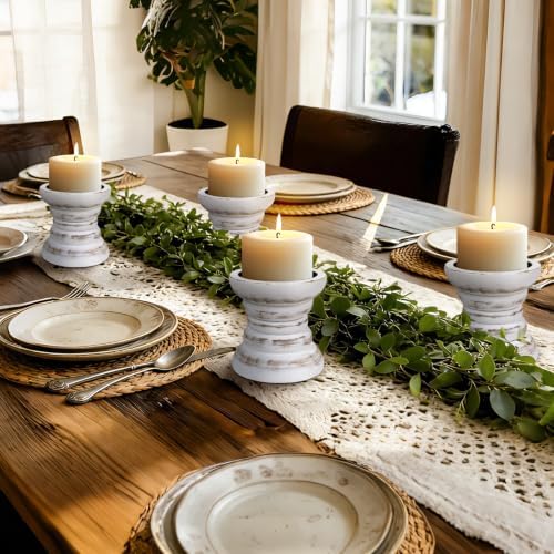 Pillar Candle Holder, 8 Inch Farmhouse Wood Candle Holder, Rustic Wooden Candle Stand, Vintage Small Wooden Candlestick Holders for Living Room, Table Centerpiece, Vintage White(4PCS) - Image 6