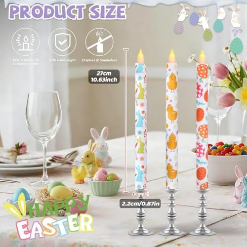 6Pcs Easter Taper Candles – 10.6" Battery Operated Flameless LED Candles with Bunny, Chick & Egg Patterns, Flickering Flame, Safe Spring Decor for Table Centerpiece, Party & Home Decor - Image 3