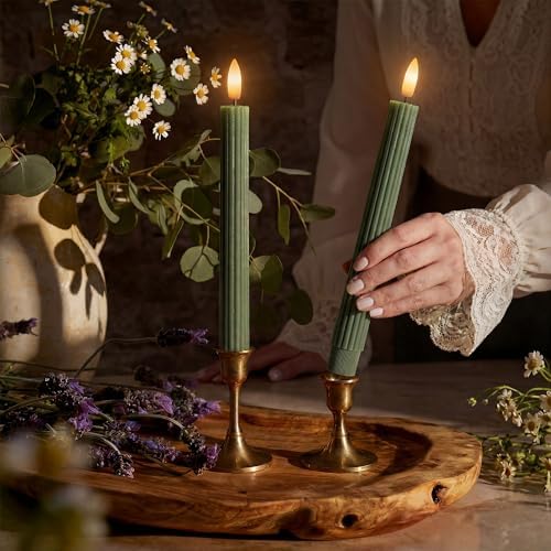 12 Pack, 10" LED Flameless Real Wax Sage Olive Loden Green Fluted Ribbed Grooved Taper Candles, Remote & 24h Timer Memory, On/Off Button, Dimmable, Flicker Mode, Battery Operated, Wedding - Image 2