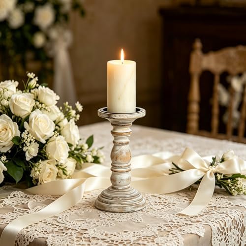 Hosley 8 Inch Distressed White Wooden Pillar Candle Holder - Rustic Farmhouse Pedestal Candlestick Stand for Real & Flameless LED Candles, Vintage Shabby Chic Table Mantel Centerpiece Decor - Image 2