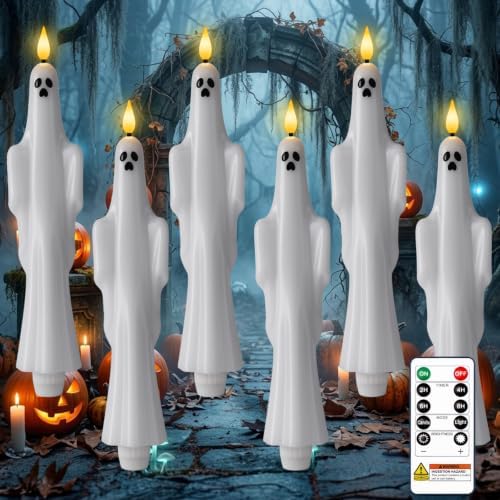 Homemory 6 Pcs Real Wax Ghost Flameless Taper Candles, 3D Wick Flickering Led Candlesticks 9.6 Inch Battery Operated with Remote & Timer, Spooky Halloween Gothic Indoor Decor by Homemory