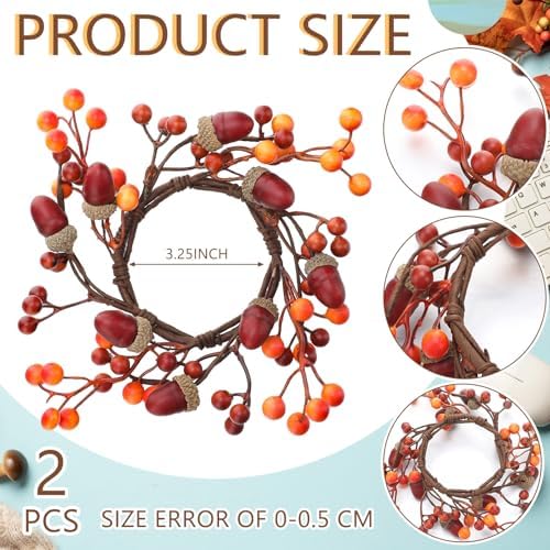 Daifunli 2 Pcs Fall Candle Rings Wreaths for Pillar 3.5 Inch Berry Acorn | Vintage Autumn Candles Holder, Artificial Table Centerpiece, Mini Fall Cabinet Wreath, for Thanksgiving Autumn Kitchen Decor - Image 2