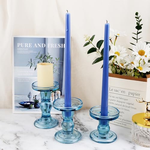 3-Piece Set of Blue Glass Candlestick, Crystal Candlestick Holder Holder and Conical Candle, Christmas Candle Holder Decoration, Family Living Room Wedding Candle Holder (Blue) - Image 5