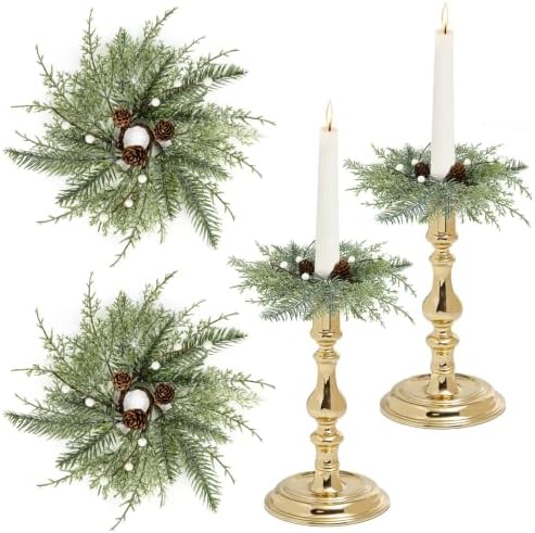 2 PCS Christmas Pine Taper Candle Rings Wreaths 1.38" Mini Norfolk Cedar Taper Candle Holder Wreaths Candle Rings with Berry Pinecones for Xmas Winter Church Home Table Centerpiece Candlesticks Decor by Unknown