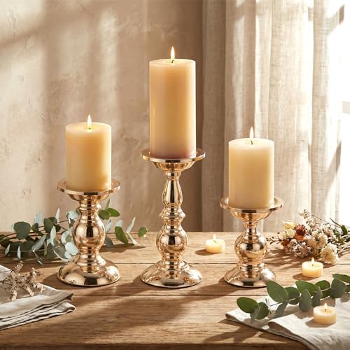 3 Pcs Gold Metal Pillar Candle Holder, 5.31, 6.50, 8.46 Inch Tall - Image 4