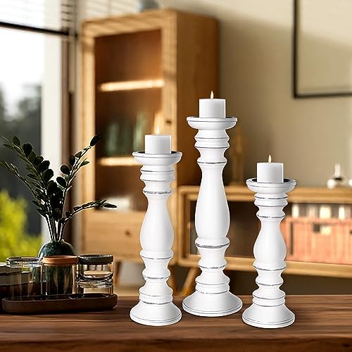 Hand-Carved Wooden Pillar Candle Holders Set of 3, Rustic Mango Wood with White Antique, Decorative Carved Design Table Centerpiece Décor - 16", 14", 12" - Image 3
