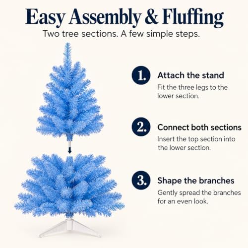 3FT Artificial Christmas Tree with Tinsel and String Lights – Tabletop Small Xmas Tree for Desk, Office, or Small Spaces – Full Branches, Easy Assembly, Holiday Decoration (Baby Blue) - Image 6