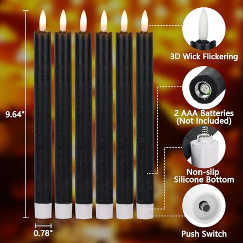 Halloween Flameless Taper Candles with 6 Hour Timer, Battery Operated Black LED Taper Candles Real Wax 3D Wick Flickering Halloween Dinner Table Decor Lights(6 Pack, 0.78” x 9.64”) - Image 2