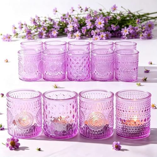 LETINE 16 Pack Purple Votive Candle Holders for Tea Lights Candles, Assorted Glass Candle Holder Bulk Set with 4 Patterns for Home Decor, Parties & Wedding Centerpieces by LETINE