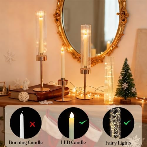 Metal & Acrylic Taper Candle Holders Set of 3 with Ribbed Design - Hurricane Clear Cylinder Candelabra for Wedding, Christmas, Party, Dining Table Centerpiece Decor (Gold, Set of 3) - Image 6