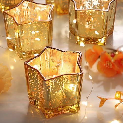 Letine 8pcs Gold Star Candle Holders Set - Elegant Tea Light & Votive Holders for Diwali, Weddings, Fall Decor - Mercury Glass Star Jars with Celestial Glow(2.44" Height) - Image 3