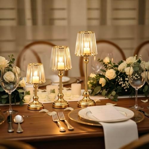 Set of 3 Glass Gold Hurricane Candle Holders - Image 6