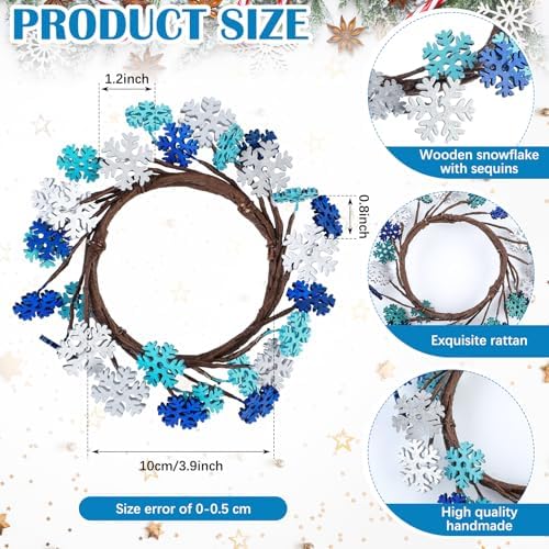 Daifunli 2 Pcs Winter Blue Snowflake Candle Rings Snowflake Wreath Glitter Vintage Wood Wreaths for Pillar 3.9 Inch Candles Holder for Winter Christmas Rustic Table Centerpiece Decor - Image 2