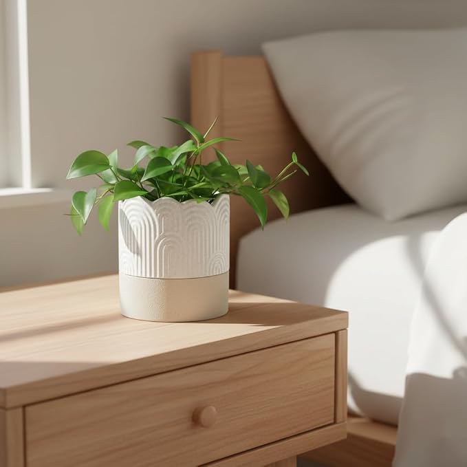 Nihow Self Watering Plant Pot: 4.5 Inch Ceramic Planter with Drainage Hole & Water Storage Plus for Indoor & Outdoor Plants - Cylinder Flower Pot for Herbs/Violets - Beige & Nature