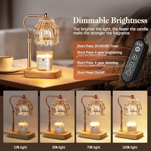 Candle Warmer Lamp with Timer Dimmer, Modern Wax Warmer for Scented Wax Jar Candle Warmer with 2 Bulbs, Adjustable Height Glass Lamp for Gifts for Women, Home Decor, Gold Amber - Image 2