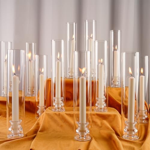 Hurricane Glass Candle Holders, Set of 20 Candlestick Holders for Taper Candles with 11.8" Tall Windproof Cylinder Cover Candle Stand Bulk for Table Centerpieces on Wedding Birthday Housewarming Decor by Unknown