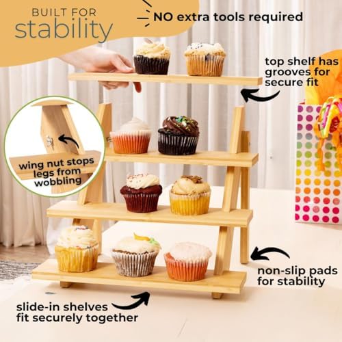4-Tier Wood Cupcake Stand, Durable & Easy to Assemble Cupcake Holder, Collapsible Display Risers w/ Non-Slip Pads, Rustic Dessert Display Stands for Baby Shower Decorations, Vendor Fairs & More - Image 4