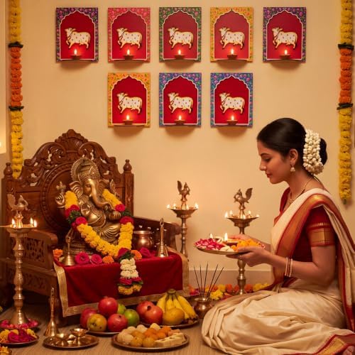 DoubleFill 10pcs Diwali Wooden Candle Holders for Wall Decor, Cow - Image 6
