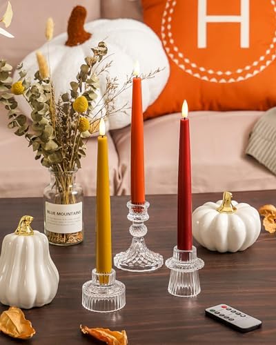 Stmarry Fall Flameless Taper Candles with Remote and Timer, 9.65 Inch Real Wax LED Candlesticks, Battery Operated Thanksgiving Candles with 3D Flickering Flame, Bordeaux, Terra Cotta & Caramel, 3 Pack - Image 5