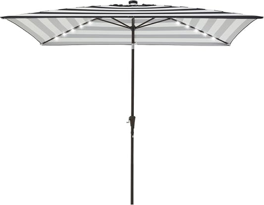 JEAREY 6.5x10 ft Rectangular LED Lighted Patio Umbrellas Outdoor Solar Table Market Umbrella w/Push Button Tilt/Crank, 6 Sturdy Ribs, UV Protection Waterproof Sunproof(Black-White Stripe)