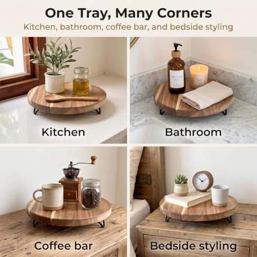 WILDMOS Decorative Round Wood Riser for Display,Pedestal Tray for Home or Kitchen and Bathroom Countertop Organizer,Farmhouse Kitchen Counter Decor Tray. (12-inch) - Image 5